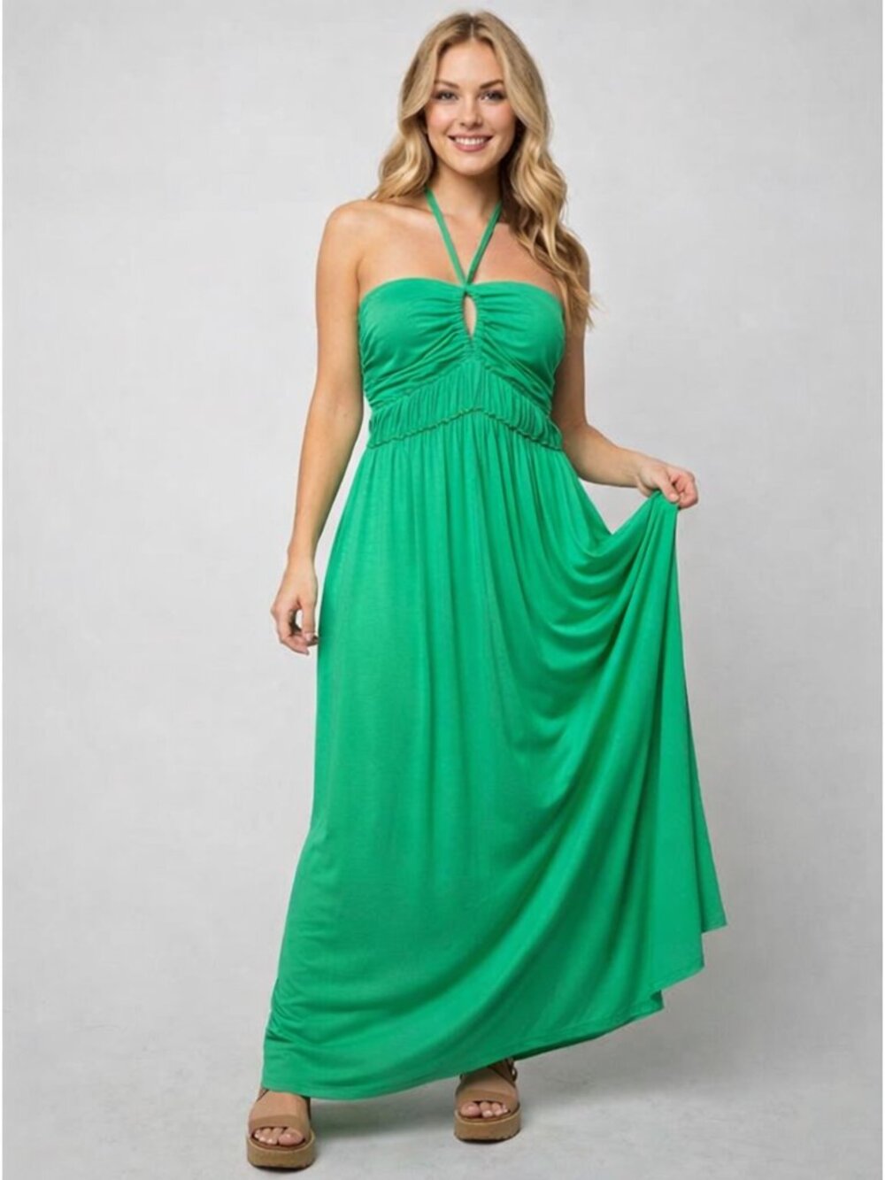 Off Shoulder Halter Dress Sleeveless Backless Smocked Ruched Pleated Dress Green